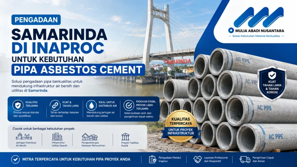 Pengadaan Samarinda di Inaproc untuk kebutuhan Pipa Asbestos Cement dengan dukungan material perpipaan berkualitas, distribusi air bersih, infrastruktur utilitas daerah, dan layanan pengadaan terpercaya bersama Mulia Abadi Nusantara
