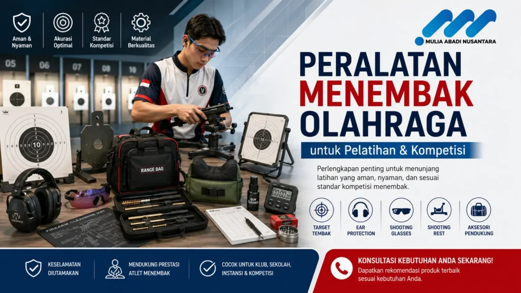 Peralatan Menembak Olahraga untuk pelatihan dan kompetisi yang terdiri dari target tembak, ear protection, shooting glasses, shooting rest, dan perlengkapan pendukung.