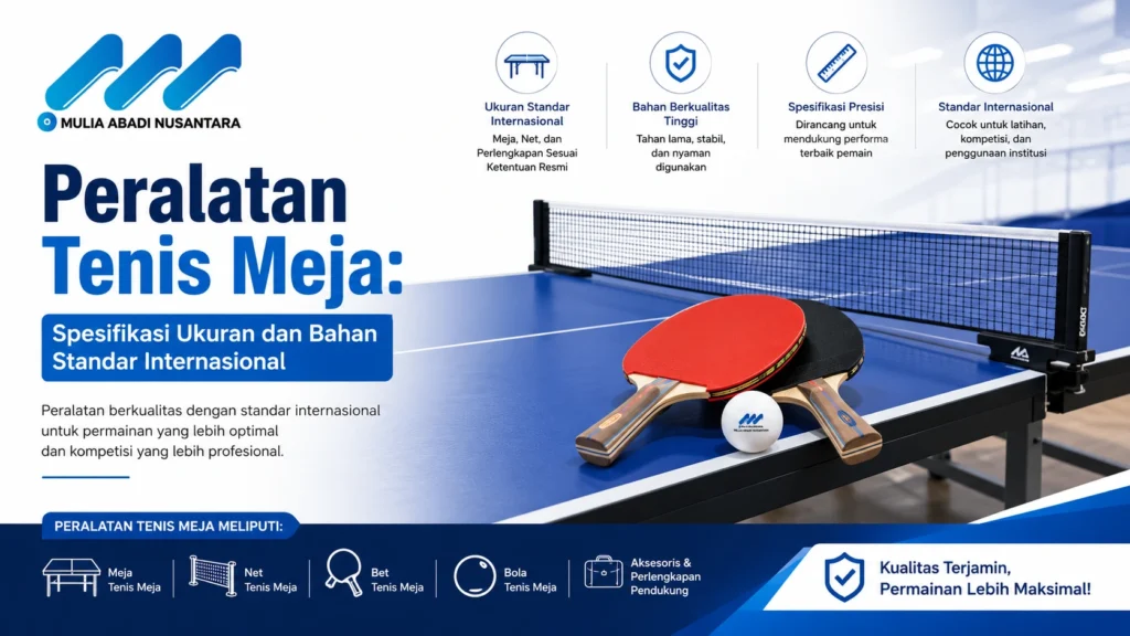 Peralatan tenis meja dengan spesifikasi ukuran dan bahan standar internasional meliputi meja tenis meja, net, bet, dan bola tenis meja dari Mulia Abadi Nusantara
