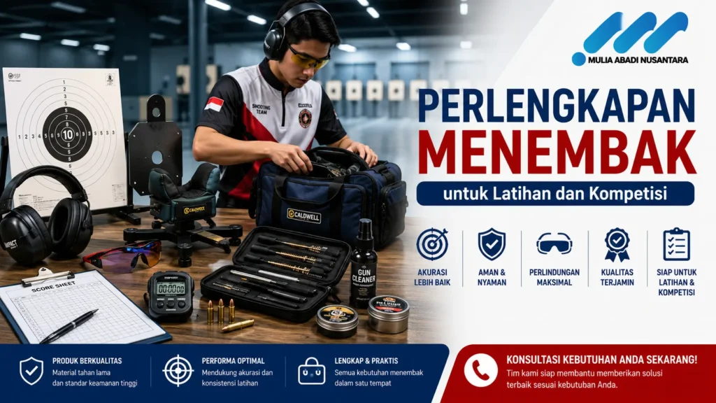 Perlengkapan Menembak untuk latihan dan kompetisi yang terdiri dari target tembak, ear protection, shooting glasses, shooting rest, cleaning kit, dan perlengkapan pendukung.