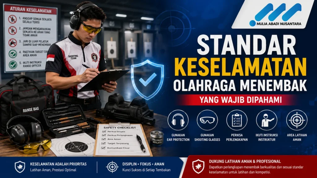 Standar Keselamatan Olahraga Menembak dengan penggunaan ear protection, shooting glasses, pemeriksaan perlengkapan, dan prosedur keselamatan sebelum latihan maupun kompetisi.