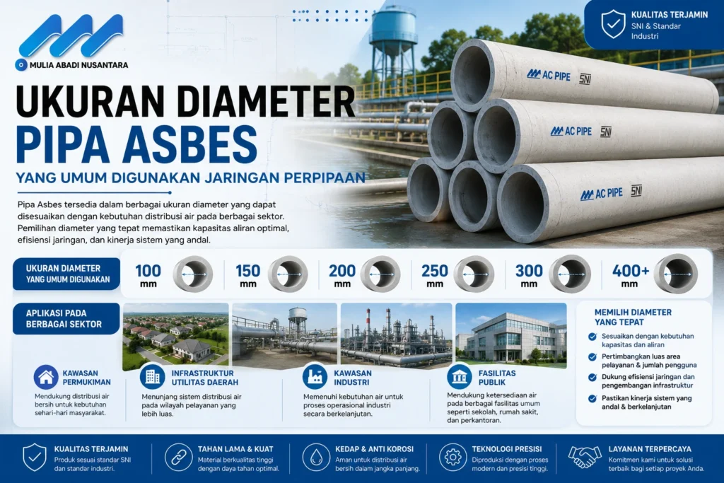 Ukuran Diameter Pipa Asbes yang umum digunakan jaringan perpipaan untuk distribusi air bersih, utilitas kawasan, infrastruktur publik, dan proyek perpipaan dengan berbagai pilihan diameter bersama Mulia Abadi Nusantara