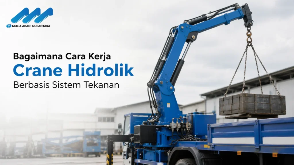 Banner artikel cara kerja crane hidrolik berbasis sistem tekanan dari Mulia Abadi Nusantara menampilkan armada truk crane biru.