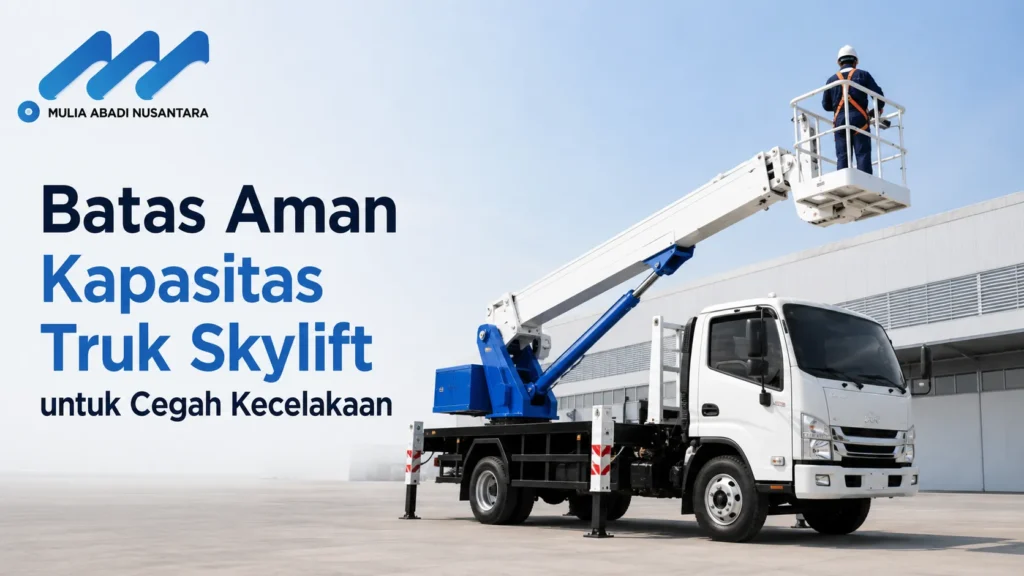 Seorang pekerja berhelm dan mengenakan tali pengaman (safety harness) berdiri di dalam keranjang truk skylift putih yang lengannya sedang terangkat tinggi. Terdapat logo Mulia Abadi Nusantara serta teks Batas Aman Kapasitas Truk Skylift untuk Cegah Kecelakaan.