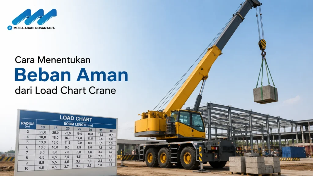Mobile crane kuning mengangkat beban blok beton di proyek konstruksi, menampilkan tabel load chart dan judul Cara Menentukan Beban Aman Load Chart Crane