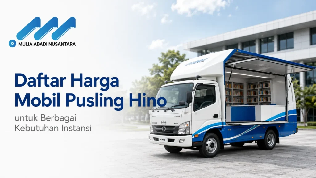 Truk Hino putih biru yang dimodifikasi menjadi mobil perpustakaan keliling dengan bak samping terbuka menampilkan rak buku. Terdapat logo Mulia Abadi Nusantara serta teks Daftar Harga Mobil Pusling Hino untuk Berbagai Kebutuhan Instansi.