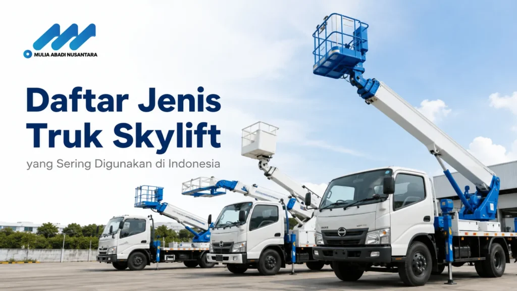 Tiga unit truk skylift putih dengan lengan crane teleskopik berkeranjang biru dan putih terparkir berjejer di lapangan terbuka. Terdapat logo Mulia Abadi Nusantara serta teks Daftar Jenis Truk Skylift yang Sering Digunakan di Indonesia.