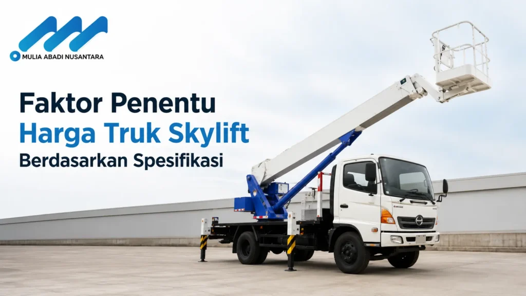 Truk skylift Hino putih dengan lengan crane teleskopik berkeranjang putih yang sedang terangkat di area luar ruangan gedung. Terdapat logo Mulia Abadi Nusantara serta teks Faktor Penentu Harga Truk Skylift Berdasarkan Spesifikasi.