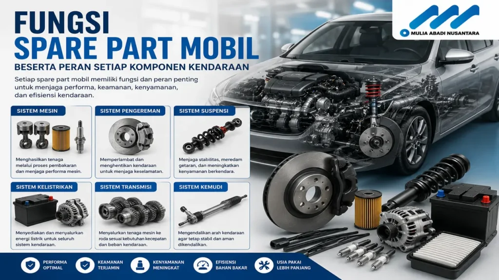 fungsi spare part mobil beserta peran komponen mesin, rem, suspensi, transmisi, dan kelistrikan untuk menjaga performa kendaraan dengan logo Mulia Abadi Nusantara.