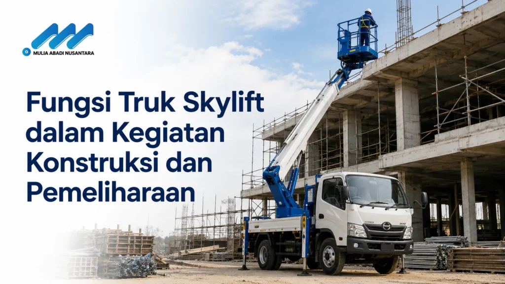 Truk skylift Hino putih sedang beroperasi di proyek pembangunan gedung, dengan lengan crane hidrolik mengangkat seorang pekerja berhelm di dalam keranjang biru. Terdapat logo Mulia Abadi Nusantara serta teks Fungsi Truk Skylift dalam Kegiatan Konstruksi dan Pemeliharaan.