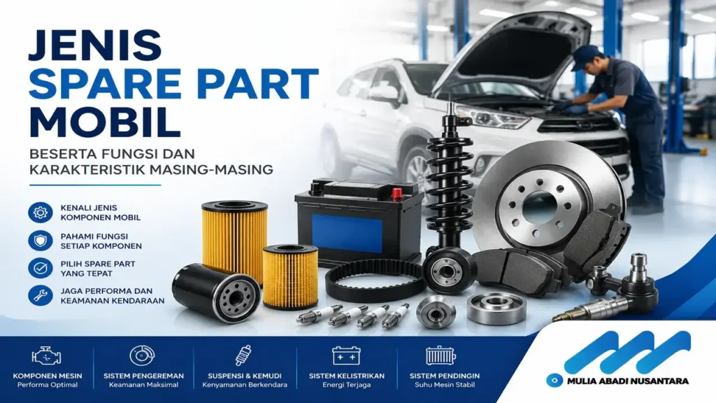 Jenis spare part mobil untuk kendaraan operasional yang meliputi komponen mesin, rem, suspensi, aki, dan sistem pendingin.