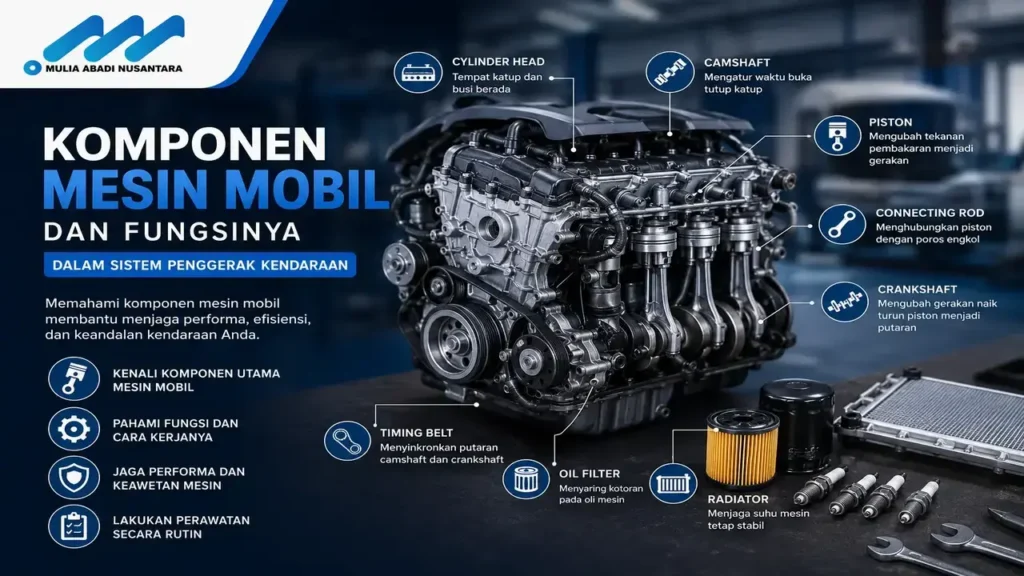 komponen mesin mobil beserta fungsi setiap bagian dalam sistem penggerak kendaraan untuk mendukung performa dan perawatan mesin.