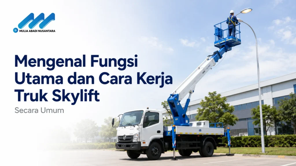 Truk skylift putih dengan lengan crane teleskopik sedang terparkir, mengangkat seorang teknisi di dalam keranjang biru untuk memperbaiki lampu jalan. Terdapat logo Mulia Abadi Nusantara serta teks Mengenal Fungsi Utama dan Cara Kerja Truk Skylift Secara Umum.