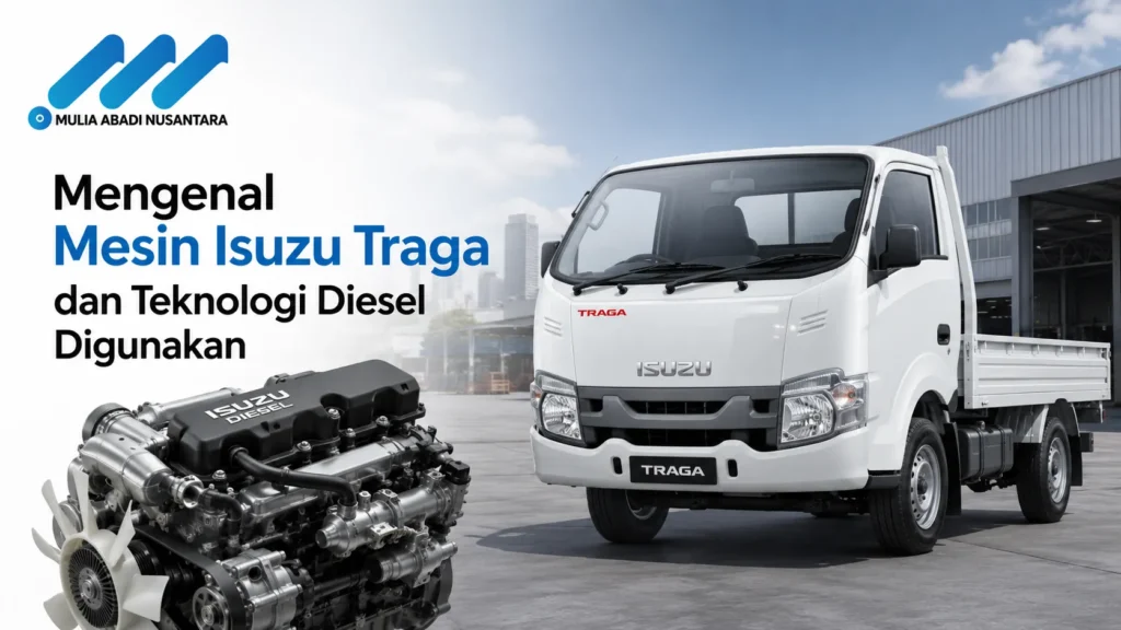 Truk pick up Isuzu Traga putih parkir di area pabrik berdampingan dengan komponen mesin Isuzu Diesel