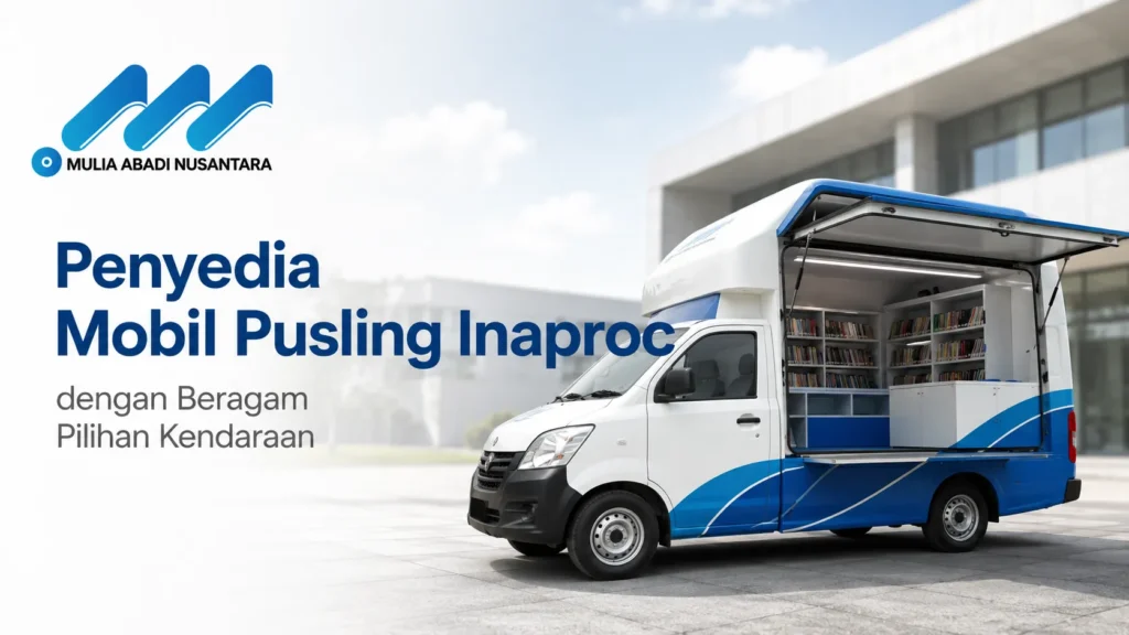 Mobil perpustakaan keliling (pusling) putih biru dengan pintu belakang dan samping terbuka, menampilkan rak buku di dalamnya di area luar ruangan gedung. Terdapat logo Mulia Abadi Nusantara serta teks Penyedia Mobil Pusling Inaproc dengan Beragam Pilihan Kendaraan.