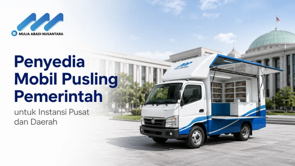 Truk perpustakaan keliling putih biru dengan pintu samping terbuka menampilkan interior rak buku, berlatar belakang kompleks gedung pemerintahan berkubah. Terdapat logo Mulia Abadi Nusantara serta teks Penyedia Mobil Pusling Pemerintah untuk Instansi Pusat dan Daerah.