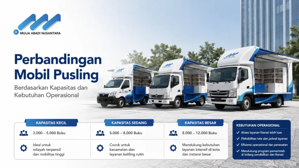 Tiga mobil perpustakaan keliling putih biru dalam ukuran kecil, sedang, dan besar yang berjejer di halaman. Terdapat bagan tabel kapasitas buku dari 3.000 hingga 12.000 buku serta poin kebutuhan operasional. Dilengkapi logo Mulia Abadi Nusantara dan teks Perbandingan Mobil Pusling Berdasarkan Kapasitas dan Kebutuhan Operasional.