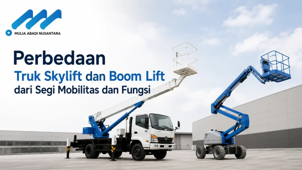 Perbandingan unit truk skylift putih di sisi kiri dengan lengan teleskopik lurus dan unit articulating boom lift biru di sisi kanan dengan lengan lipat beroda. Terdapat logo Mulia Abadi Nusantara serta teks Perbedaan Truk Skylift dan Boom Lift dari Segi Mobilitas dan Fungsi.