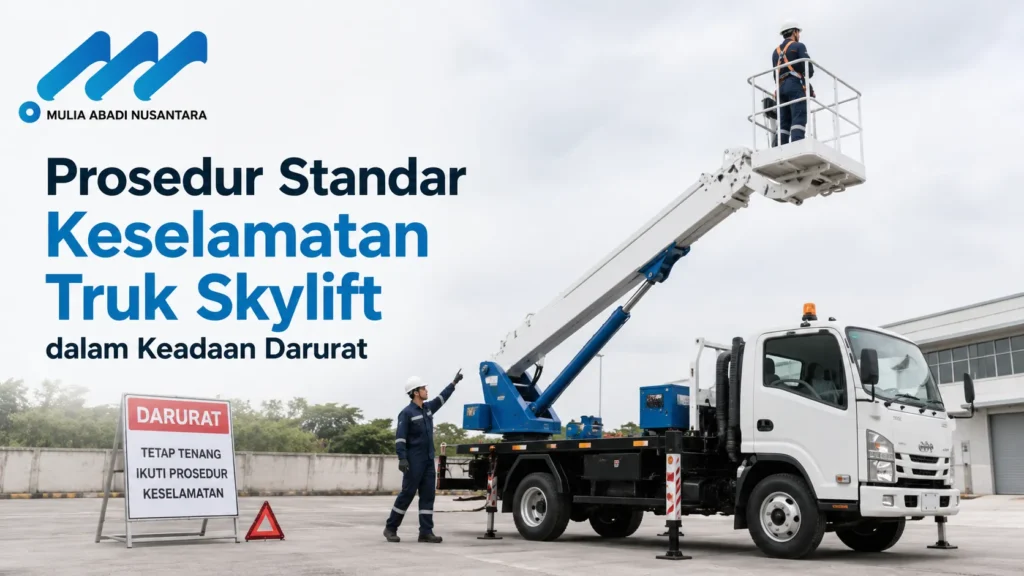 Truk skylift putih dengan lengan teleskopik terangkat menempatkan seorang pekerja berhelm di ketinggian, sementara operator di bawah memberikan arahan di samping papan darurat bertuliskan Tetap Tenang Ikuti Prosedur Keselamatan. Terdapat logo Mulia Abadi Nusantara dan teks Prosedur Standar Keselamatan Truk Skylift dalam Keadaan Darurat.