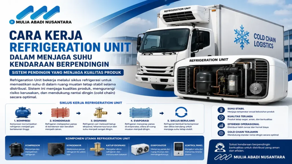 Refrigeration Unit pada mobil box pendingin menjaga suhu kendaraan berpendingin tetap stabil selama proses distribusi produk.