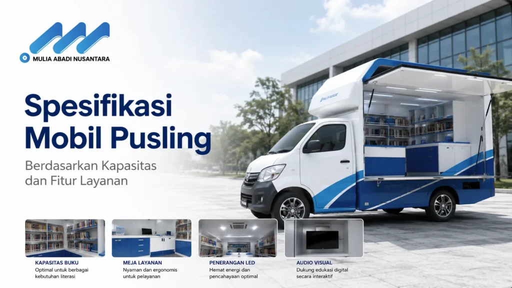 Mobil perpustakaan keliling putih biru dengan pintu samping terbuka menampilkan interior rak buku, dilengkapi empat foto fitur di bawah: Kapasitas Buku, Meja Layanan, Penerangan LED, dan Audio Visual. Terdapat logo Mulia Abadi Nusantara serta teks Spesifikasi Mobil Pusling Berdasarkan Kapasitas dan Fitur Layanan.
