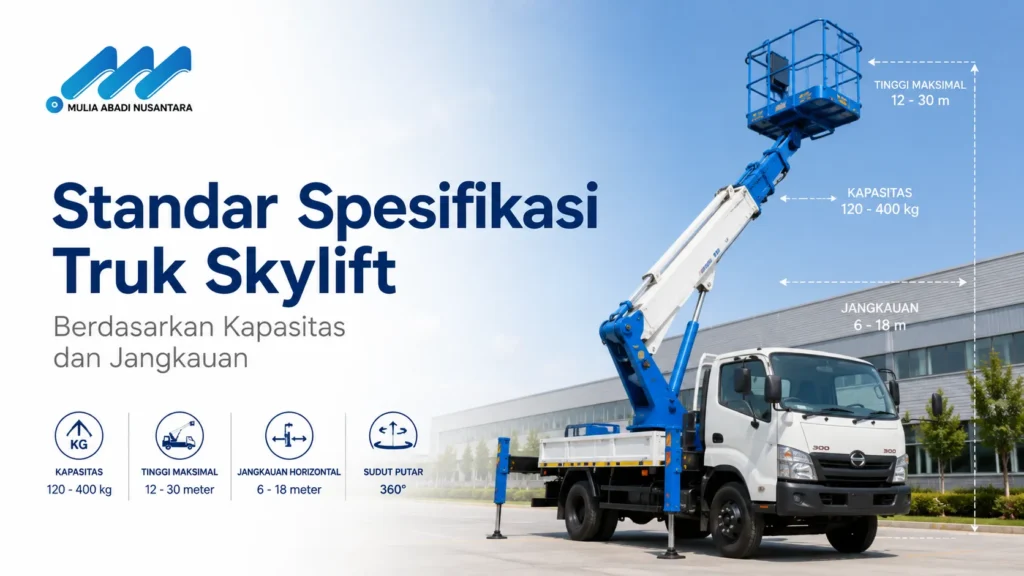 Panduan standar spesifikasi truk skylift berdasarkan kapasitas beban kilogram dan jangkauan meter dari PT Mulia Abadi Nusantara.