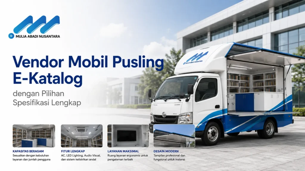 Mobil perpustakaan keliling putih biru dengan bagian samping terbuka menampilkan rak buku, dilengkapi empat foto kecil fitur di bawah: Kapasitas Beragam, Fitur Lengkap, Layanan Maksimal, dan Desain Modern. Terdapat logo Mulia Abadi Nusantara serta teks Vendor Mobil Pusling E-Katalog dengan Pilihan Spesifikasi Lengkap.