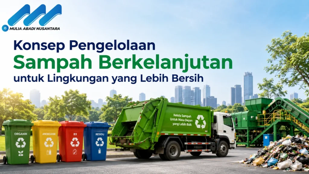 Ilustrasi konsep Sistem Pengelolaan Sampah berkelanjutan untuk menciptakan lingkungan yang lebih bersih melalui pemilahan, pengangkutan, dan pengolahan sampah.