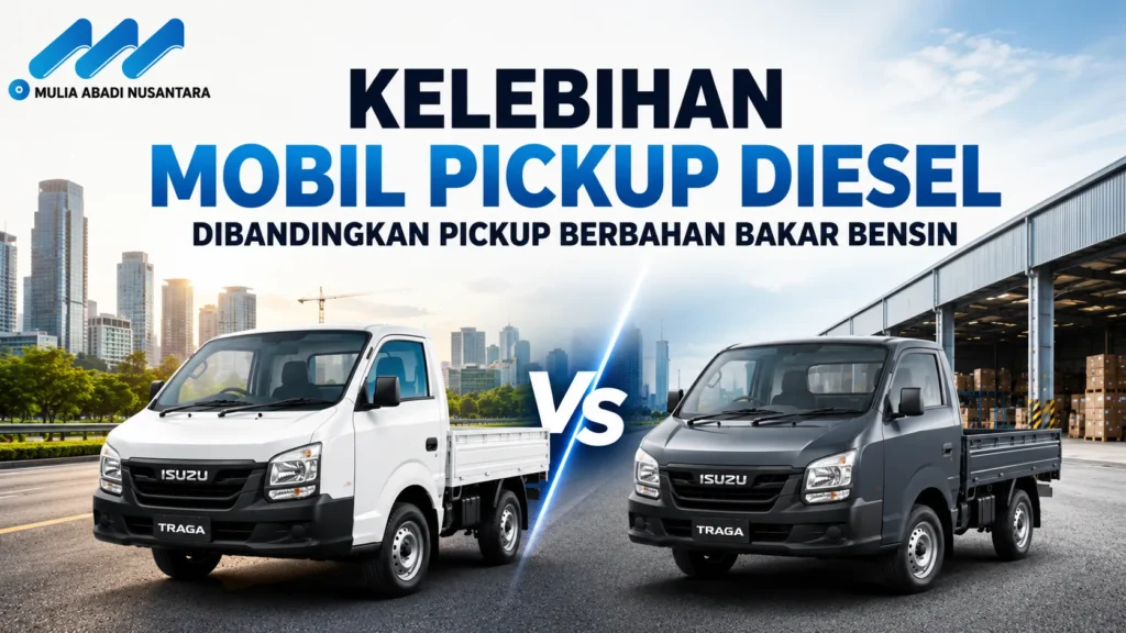 Mobil Pickup Diesel Isuzu Traga dibandingkan pickup berbahan bakar bensin dengan keunggulan efisiensi bahan bakar, torsi besar, dan kapasitas angkut untuk kebutuhan bisnis.