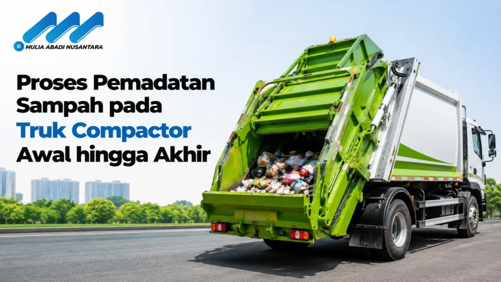 Cara kerja truk compactor sampah dalam proses pemadatan menggunakan sistem hidrolik.