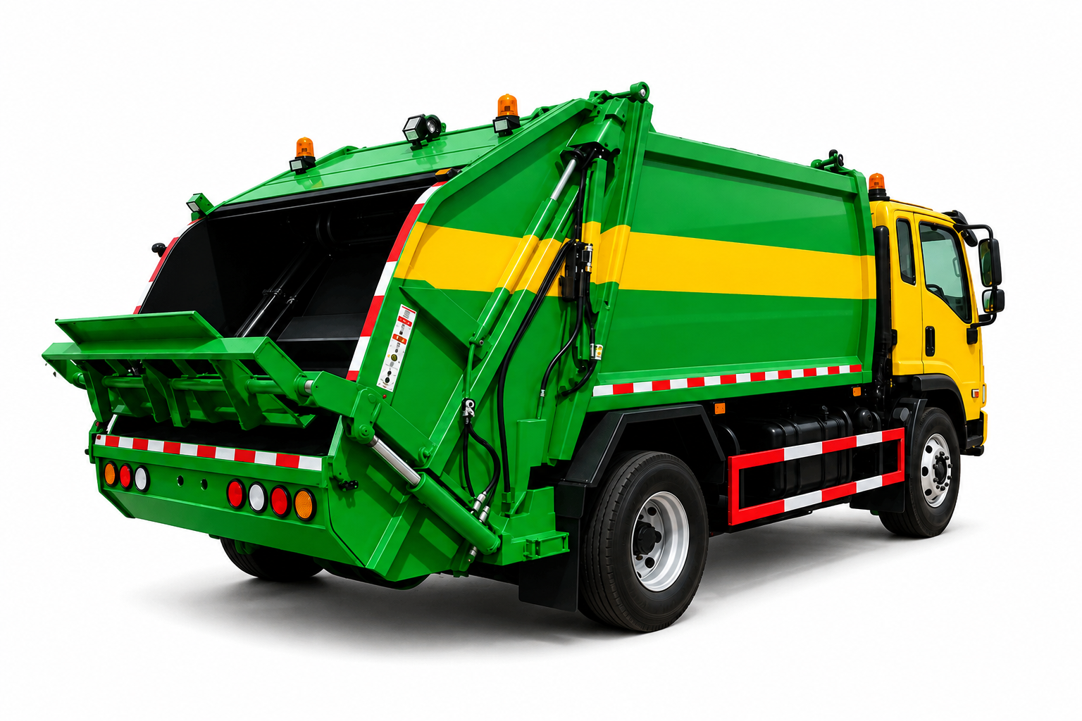 Mobil pengangkut sampah compactor Mitsubishi FE74 HD hijau kuning tampak belakang di area lapangan