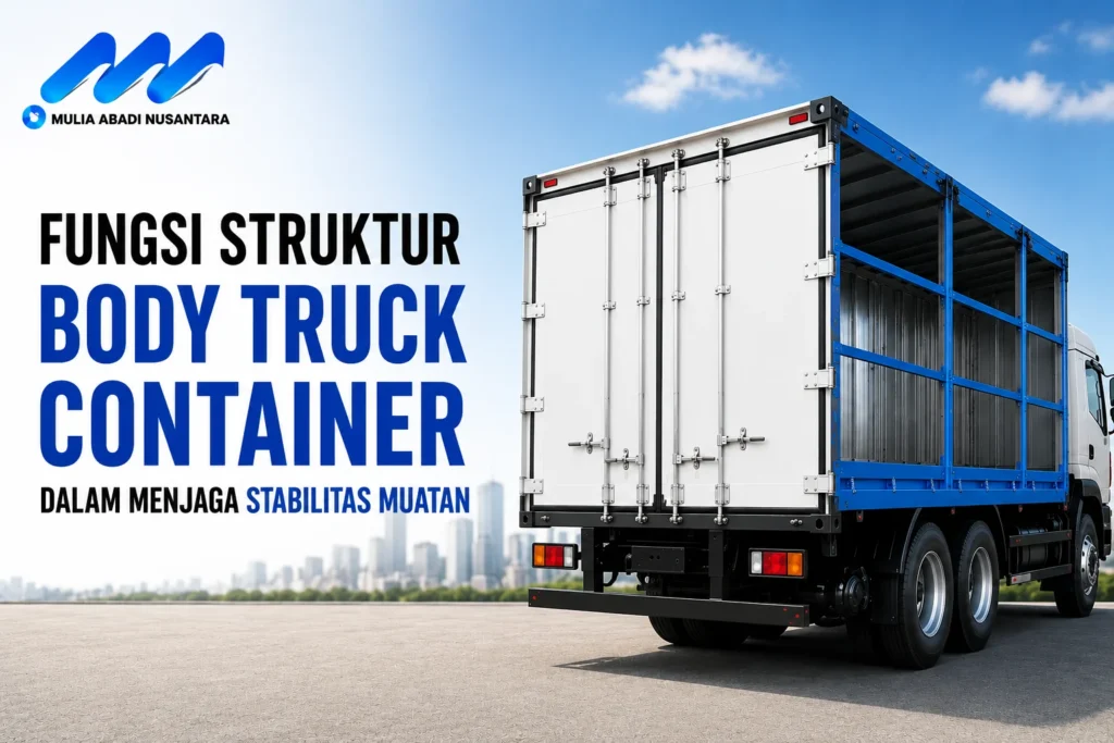 Fungsi Struktur Body Truck Container untuk menjaga stabilitas muatan menggunakan konstruksi body truck yang kokoh dari Mulia Abadi Nusantara.