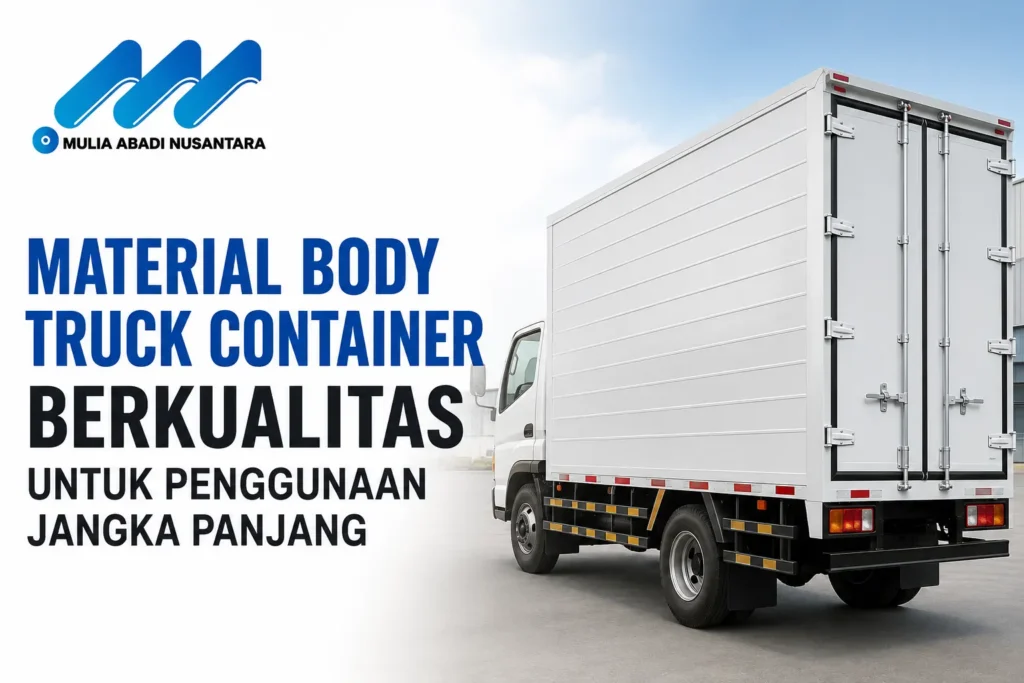 Material Body Truck Container berkualitas untuk kebutuhan logistik dan pengadaan dengan body truck container serta logo Mulia Abadi Nusantara.